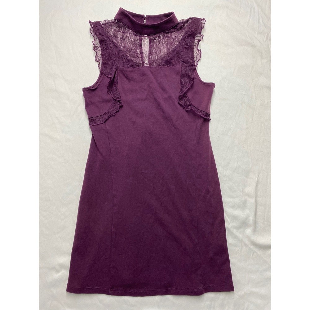 Free People Plum Purple Lace Trim Mock Neck Sleeveless Mini Dress Large